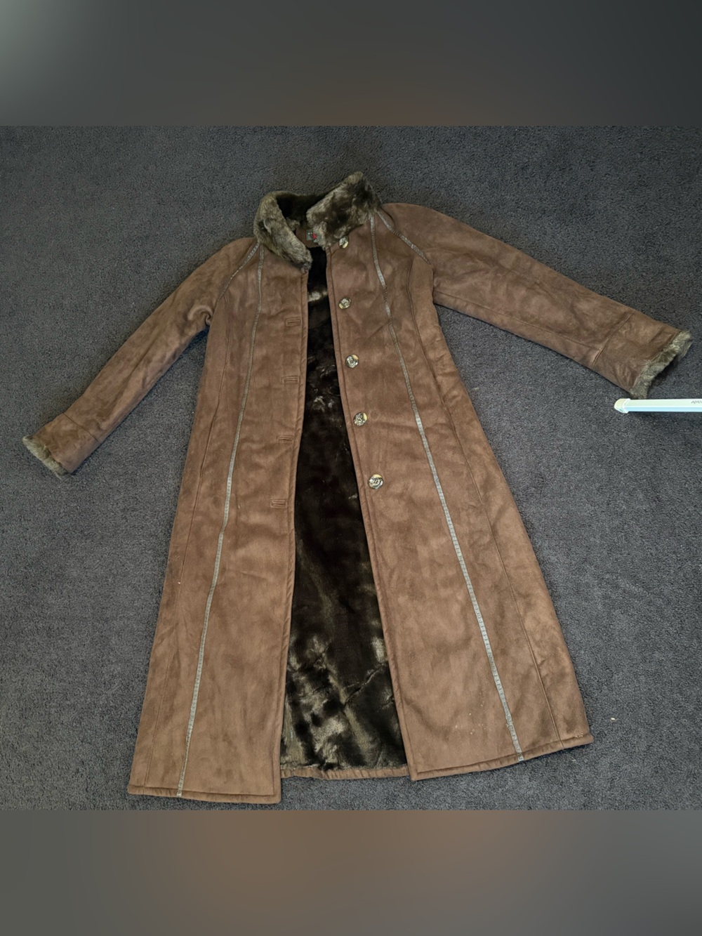 Brown Faux-Suede Long Trench Coat with Faux-Fur Trim
